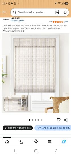 LazBlinds Cordless Bamboo Roman Shades Whitewash