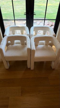 CB2 Ivory Boucle Dining Armchairs, Set of 4