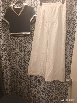 Navy blue Crop Top and White Wide-Leg Pants Set