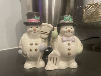 Vintage Lenox Fine Porcelain Holiday Snowman Salt & Pepper Shaker Set - 24k Gold Accents