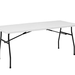 Mainstays White 6 Foot Fold-in-Half Plastic Table, Indoor Outdoor, Scratch Resistant, Stain & UV Damage, Built-in Carry Handle
