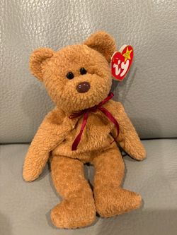 Curly-Brown teddy bear plush with red ribbon, beanie baby