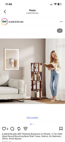 360° Rotating Bookcase on Wheels, 4 Tier Solid Wood Round Revolving Book Shelf Tower, Walnut, for Bedroom, Office, Small Spaces