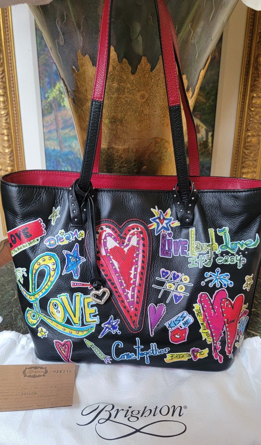 BRIGHTON BLACK LEATHER MULTICOLOR SCRIBBLE TOTE HANDBAG SILVER HEART TOM CLANCY