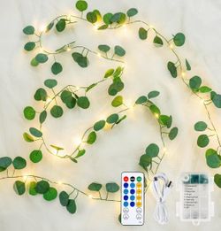 Eucalyptus Garland with 40 LED Fairy Lights, USB & Battery Powered Lighted Greenery Vine With Remote, Timer And IP44 Waterproof Design For Mantel, Wed