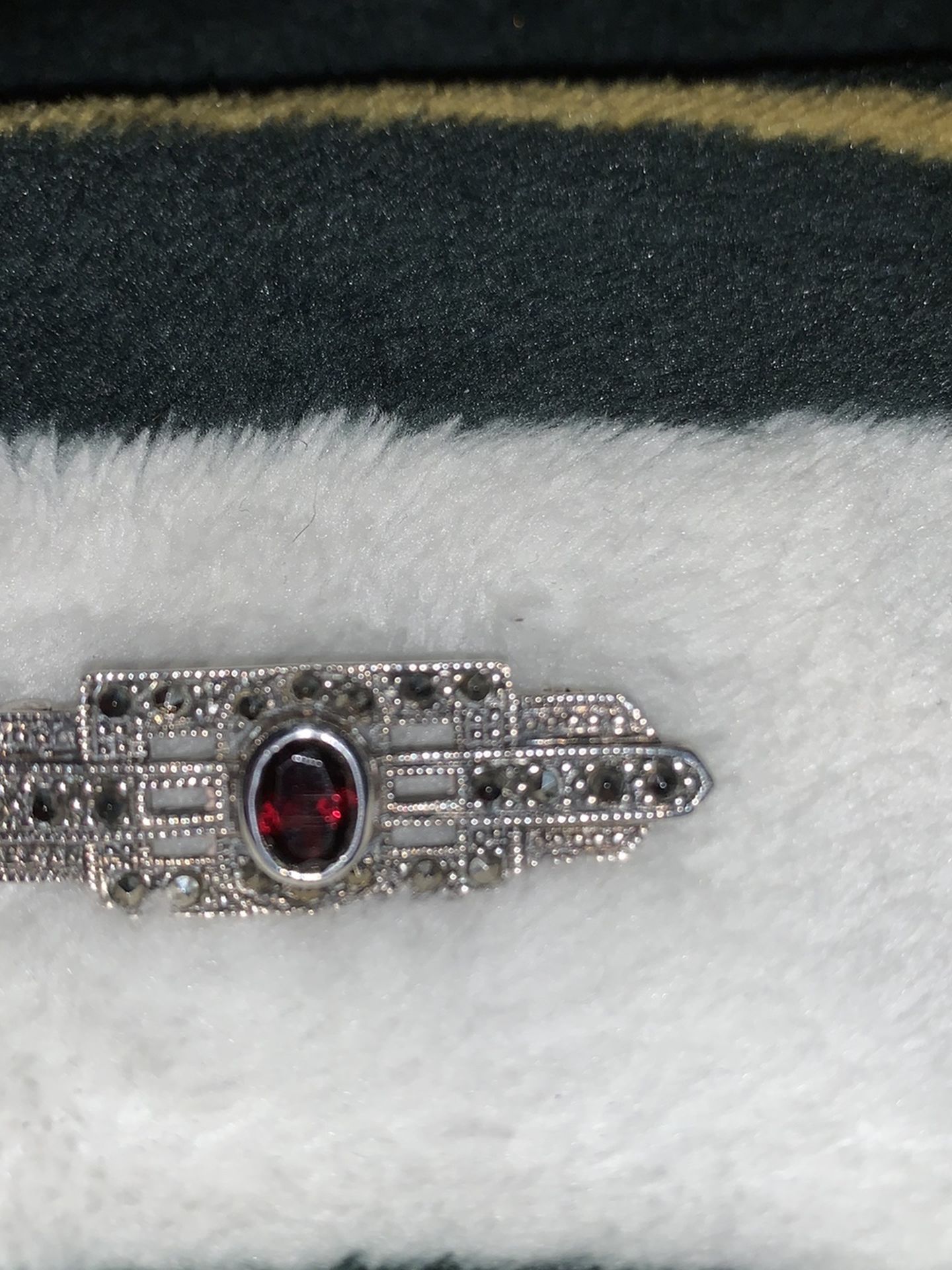 Vintage Sterling, Marcasite & Ruby Brooch