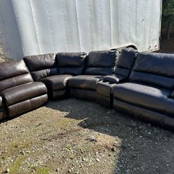 Brown Leather Sectional With Three Recliners