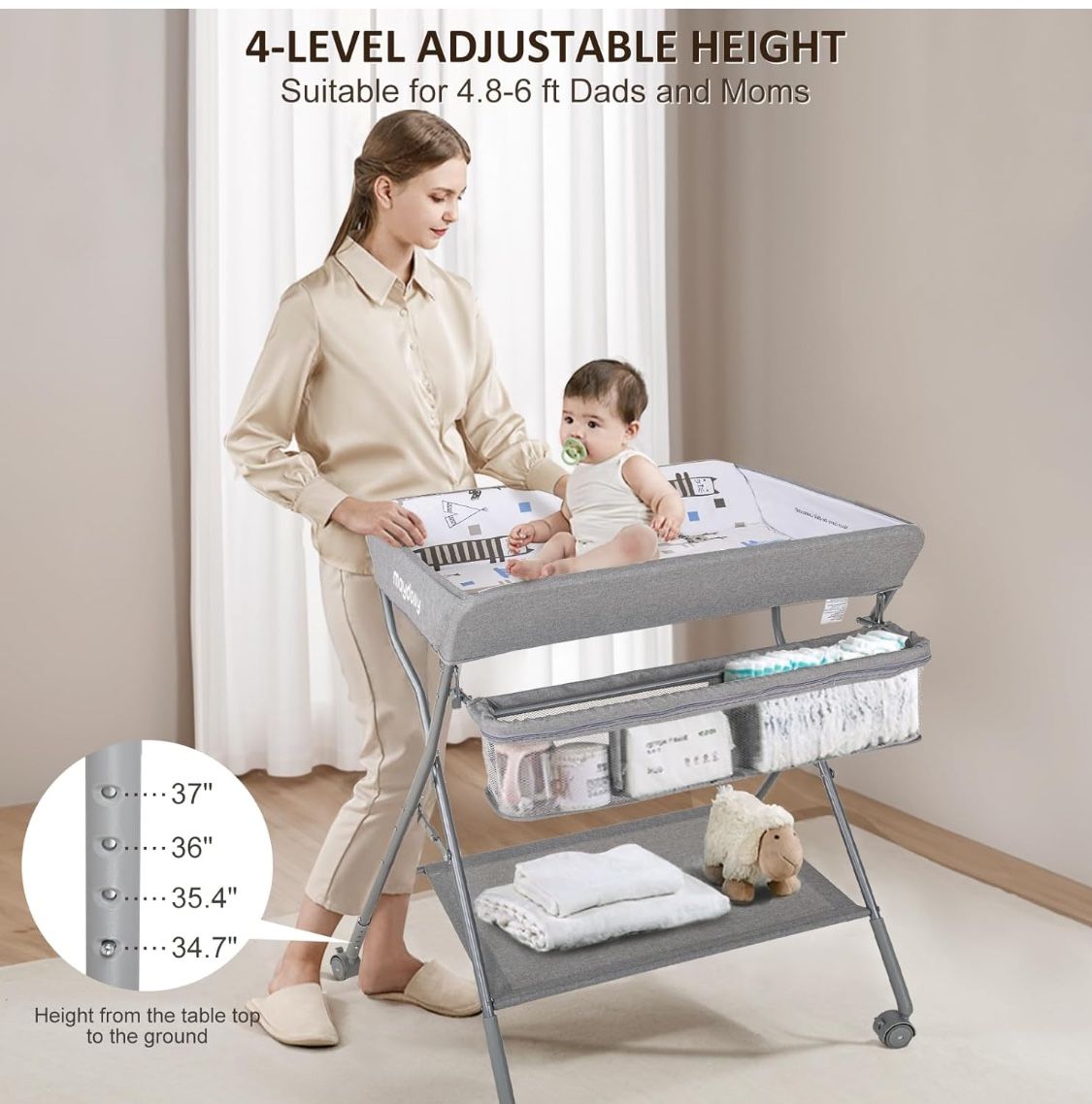 Baby Changing Table with Wheels, Maydolly Portable Adjustable Height Folding Diaper Station