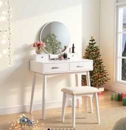 White Vanity Table Set with Mirror and Stool