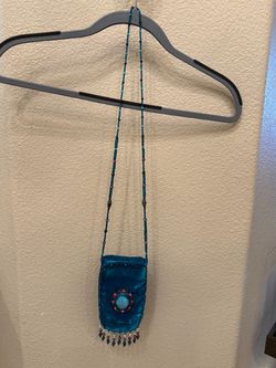Teal 100% Silk Velvet Beaded Fringe Mini Crossbody Phone Pouch 4”x6-1/2”