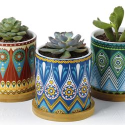 New Succulent Plant Pots - 3 Inch Small Ceramic Planters with Bamboo Tray and Drainage Hole, Colorful Mandala Patterns Gifts Set of 3