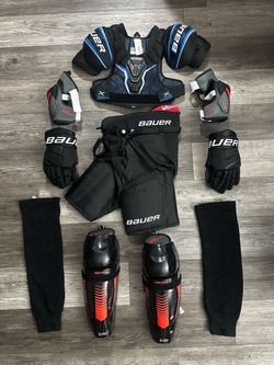 Jr Hockey Equipment Gear Bauer Shoulder Pads. Elbow Pads, Shin Guards, Gloves and Shorts Large