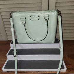 Kate Spade Wellesley Pebbled Leather Handlebag In Mint Green Ice With Logo Inside And Gold Accents
