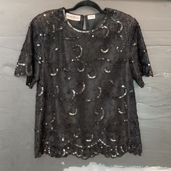 VTG Women's NIGHT VOGUE Shimmering Blk Sequin Beaded Short Sleeve Lined Top Sz M