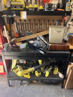 48" Black Steel/Wood Garage Workbench Pegboard LED Light Black