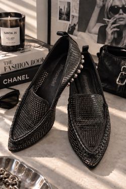 Jeffrey Campbell Studded Loafers Womens 6 Black Leather Office Siren Punk like New $60
