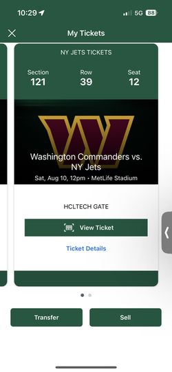 2 Tix Jets V Commanders