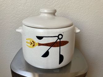 Vintage Antique West Bend Kitchen Crock Bean Pot With Lid, Earthenware Ceramic, Utensils Design, 60s 70s USA Mafe
