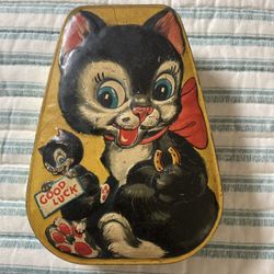 Antique /Vintage Cat Tin filled with old buttons and hand made wood spool peg thread holder