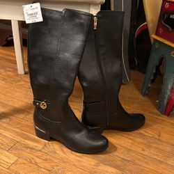 Brand New Leather Zip Up Riding Boots With Gold Accents