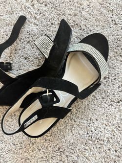 Black Suede Heeled Sandals with Rhinestone Strap