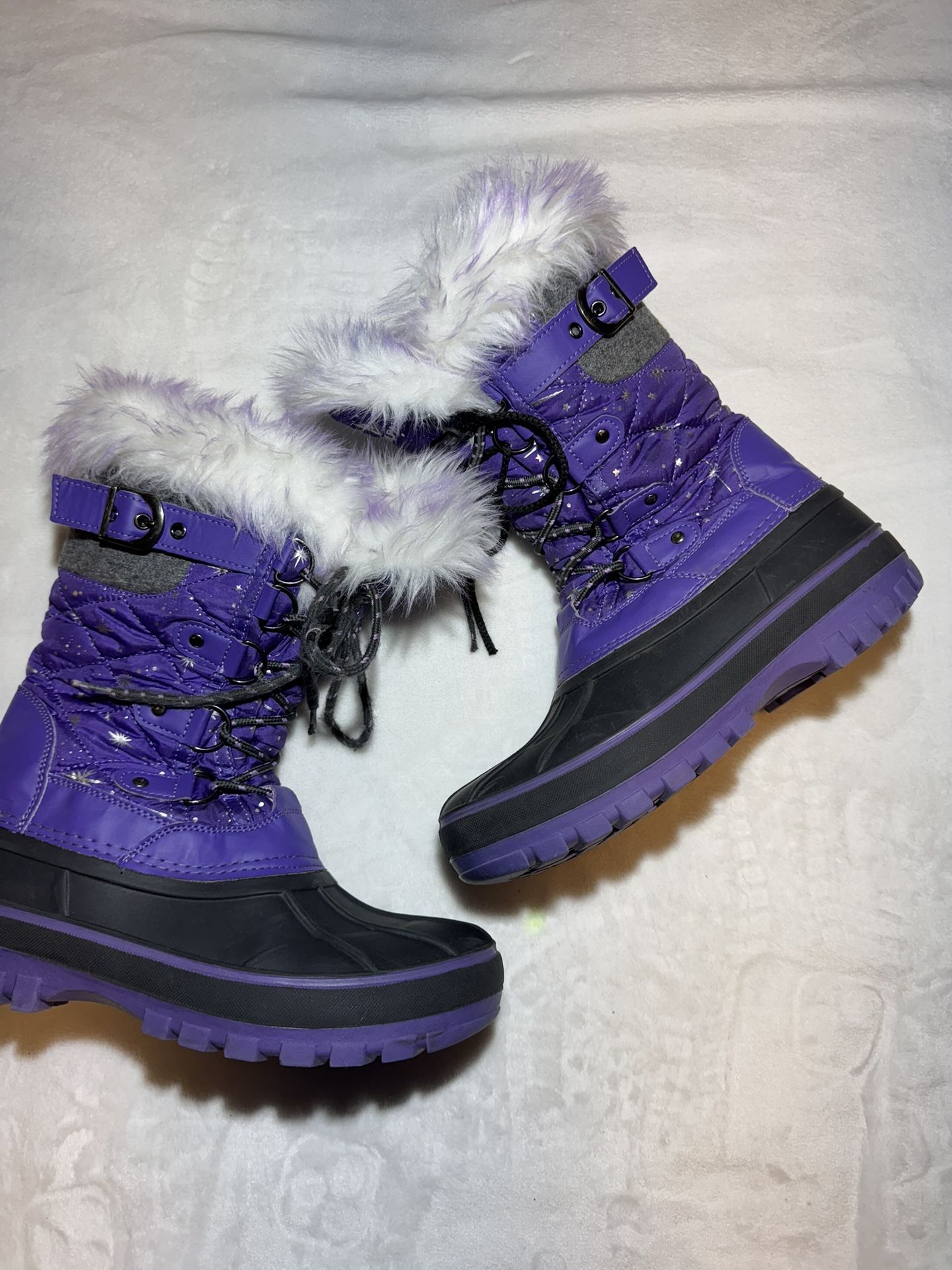 Dream Pairs Youth Purple & Sparkles waterproof w/faux fur snow Boots. Sz 5