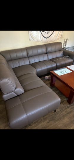 Gray Leather Sectional Sofa with Chaise