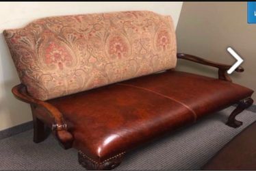 Antique-Style Settee Leather and Fabric Loveseat