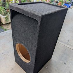 Custom subwoofer box. 10 inch speaker cutout. Double baffled kerf port. Black carpeted. Measures 30" wide, 17.5" deep, 13.5" tall. Built for super dee