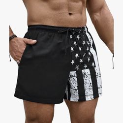 Men's Swim Trunks with Compression Liner American Flag Print Board Shorts Bathing Suit- XL