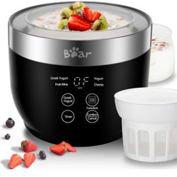 Bear Yogurt Maker, Greek Yogurt Maker Machine with Strainer and Timer Control, Stainless Steel Inner Pot, Automatic Digital with 2 Glass Jars 1 Quart