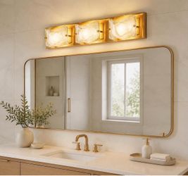 Light Vanity Fixtures, Curved Cloud Glass Lampshades Gold Copper Plate.