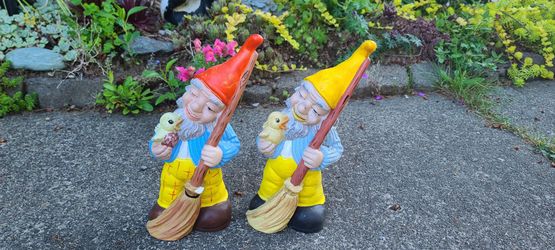 2 Vintage Handpainted Ceramic Garden Gnome Statues with Broom and bird