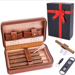 Case Travel Humidor with V  Cutter ,Punch and Holder , Portable Leather Travel Case Humidor ,Accessory 