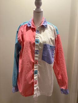 Vintage 1990’s Fluid 100% Cotton Color Block Men’s Long Sleeve Shirt Size M Excellent Condition Pink Blue Purple White Made in Nepal