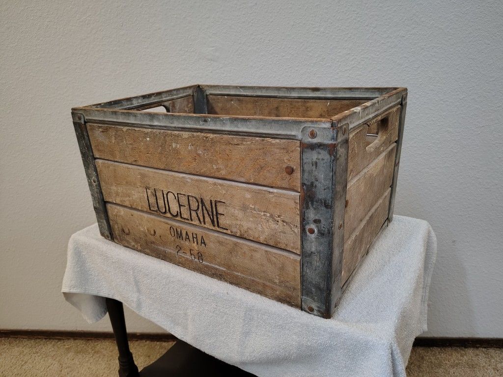 Vintage 1958 Lucerne dairy milk delivery crate, wood metal banded steel frame milkcrate box