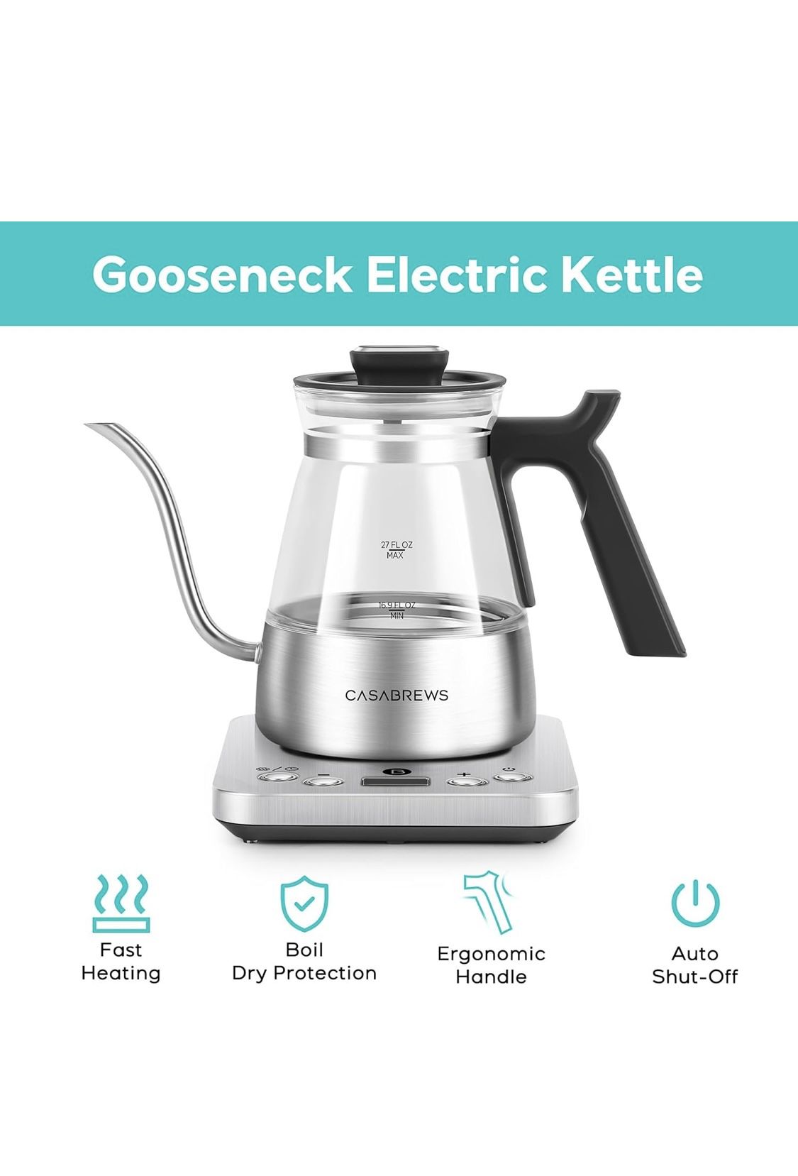 CASABREWS KEG5831 Gooseneck Electric Kettle, Stainless Steel Glass With Temperature Control & Reservation Time Function, Pour Over Kettle For Coffee &