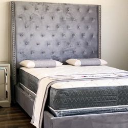 King Gray Velvet Bed Plus King Plush Mattress (Free Delivery )