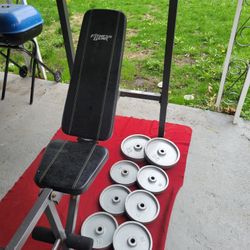 FITNESS GEAR WEIGHT BENCH  INCLINE AND LEG EXTENSION  1" HOLE PLATES  110LBs. 4'  BAR.  2-25s. 6-10s 
11525 S HALSTED DUNKIN DONUTS/7111.S WESTERN WAL