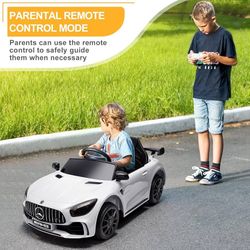 12V Licensed Mercedes Benz AMG GTR Kids Ride on Electric Car, White Electric Vehicle w/Parent Remote, Bluetooth, Wider Seat, LED Lights, Ope