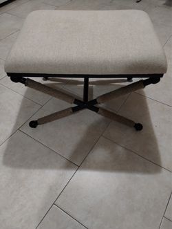 Rope-Wrapped X-Bench, Black Iron & Linen Stool