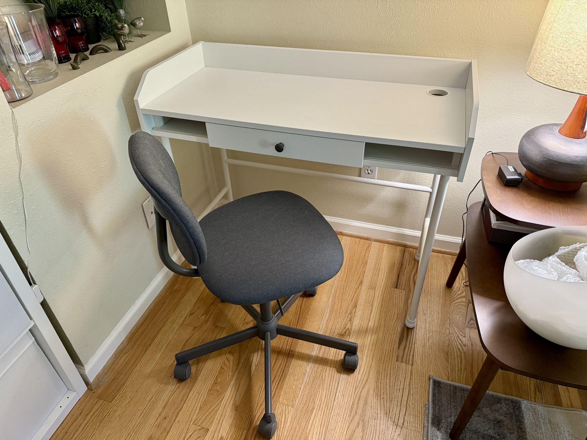 White IKEA Hauga Desk And Gray Bleckberget Office Chair