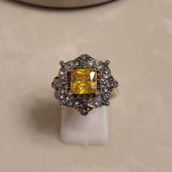 925 Silver CZ and Citrine Ring Size 6