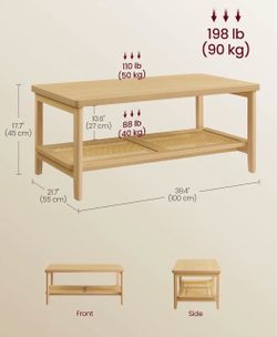 VASAGLE 2-Tier Coffee Table w/ PVC Rattan Storage Shelf - Oak Beige