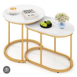 2 Piece Round Side Table Coffee Table Accent Table, Faux Marble Round Nesting Table Set of 2, End Table Set for Living Room, Bedroom, Balcony, Office,