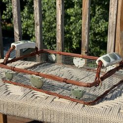 Cottagecore wicker and wire basket with porcelain heart accents and handles