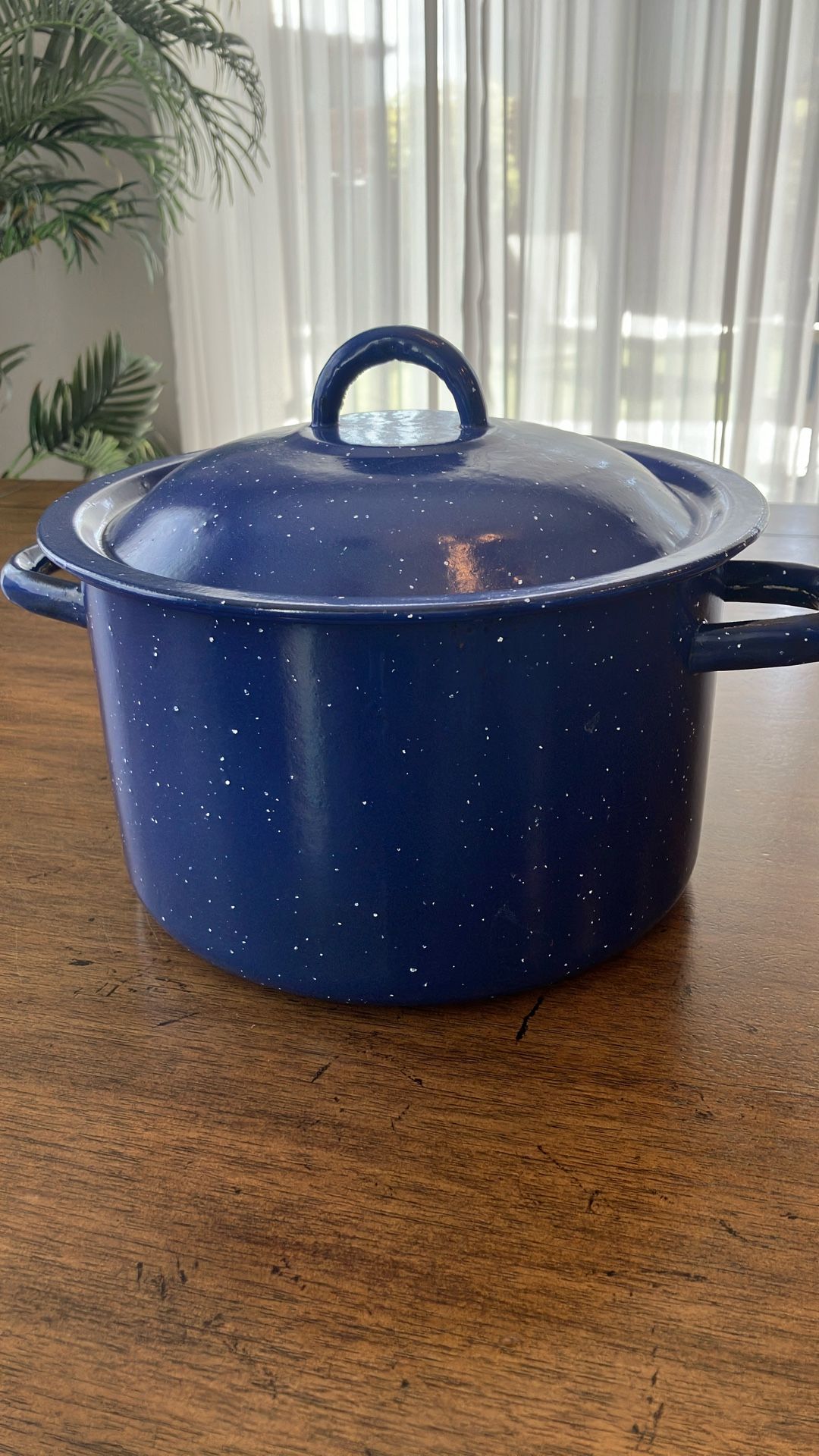 Vintage Style Blue Speckle Enamel Stock Pot with Lid - 6" High, 9" Diameter