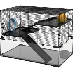 30" Hamster Cage w Glass Bottom, Gerbil Cage w Wheel, Food, Water, Ramp~Black