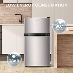 3.2 Cu.Ft Mini Fridge with Freezer, Double Door Mini Fridge, Adjustable Thermostat, Mini Refrigerator for Dorm, Office, Bedroom, Stainless-SD321