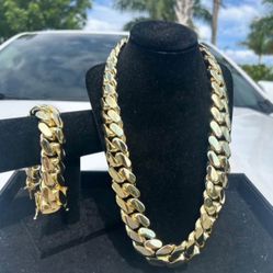 Bracelet & Chain Set Miami Cuban Link 18k Heavy Gold Plated Chain 